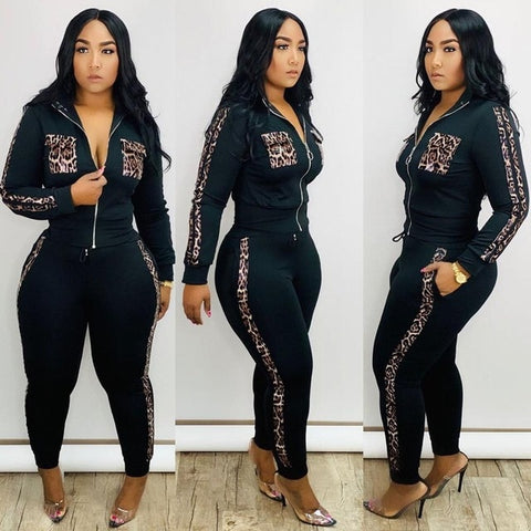 Leopard Print Patchwork Women Tracksuit Zipper Long Sleeve Short Jacket Top Pencil Pants Fashion Two Piece Set