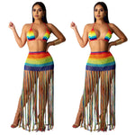 Crop Top And Dress Two Pieces Set Rainbow Striped Mesh Patch Beach  Wear Set Casual Halter Back Collar Tassel Dress