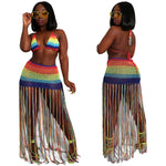 Crop Top And Dress Two Pieces Set Rainbow Striped Mesh Patch Beach  Wear Set Casual Halter Back Collar Tassel Dress