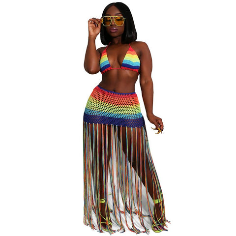 Crop Top And Dress Two Pieces Set Rainbow Striped Mesh Patch Beach  Wear Set Casual Halter Back Collar Tassel Dress