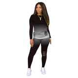 Women Two Piece Sets Gradient Printed Long Sleeve Crop Tops T-Shirt Jogger Pants Suit Outfit