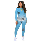 Women Two Piece Sets Gradient Printed Long Sleeve Crop Tops T-Shirt Jogger Pants Suit Outfit