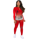 Women Two Piece Sets Gradient Printed Long Sleeve Crop Tops T-Shirt Jogger Pants Suit Outfit