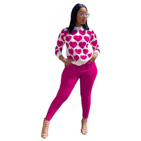 Women Two Piece Sets Causal Sweet Love Heart Print Long Sleeve Slim Fit Pullovers Pants Suit Outfit