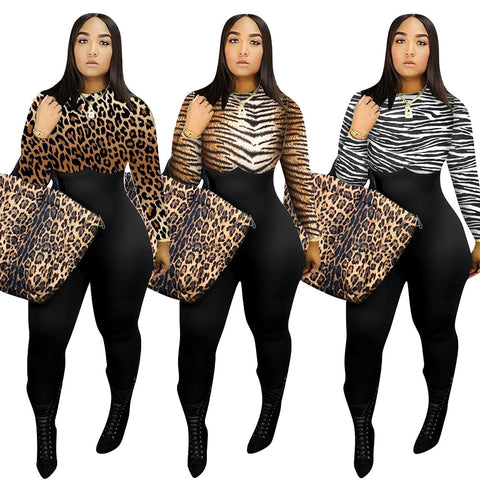 Sexy Leopard Tiger Print Patch work Long Sleeve Night Party Club Jumpsuit Women Outfit