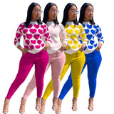 Women Two Piece Sets Causal Sweet Love Heart Print Long Sleeve Slim Fit Pullovers Pants Suit Outfit