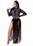 sheer mesh diamond tassel evening party club bodycon long dress women casual long sleeve hollow out dresses elegant