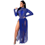 sheer mesh diamond tassel evening party club bodycon long dress women casual long sleeve hollow out dresses elegant