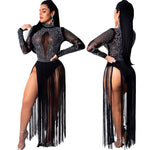 sheer mesh diamond tassel evening party club bodycon long dress women casual long sleeve hollow out dresses elegant